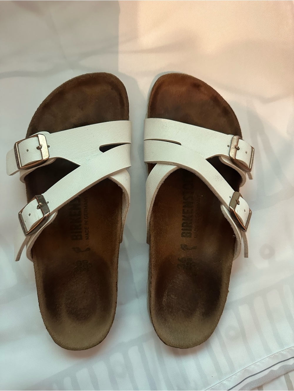 Birkenstock White Double Buckle Crisscross Slide Sandals